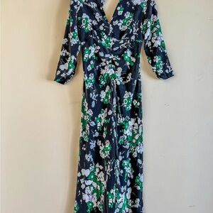 RIXO Silk Floral Print Open Back Dress with Ruffled Front Slit